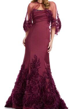 NWT Ashley Lauren E12123 Illusion Cape Floral Applique Dress Wine size 16